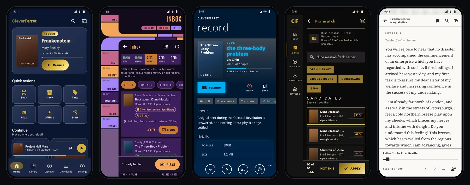 Five prototype screens in five themes: Home in Compose / Navy Gold, the import inbox in the LCARS Sweep Console, item detail in Metro Tiles, Fix match in Rule & Rail / Art Deco, and the reader in Press / Paper & Ink.