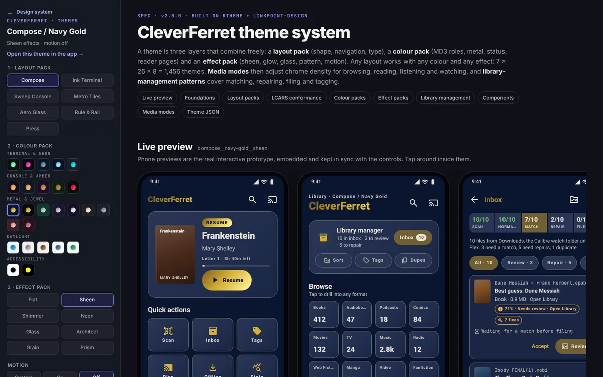 Theme spec page with theme controls on the left and live phone previews.